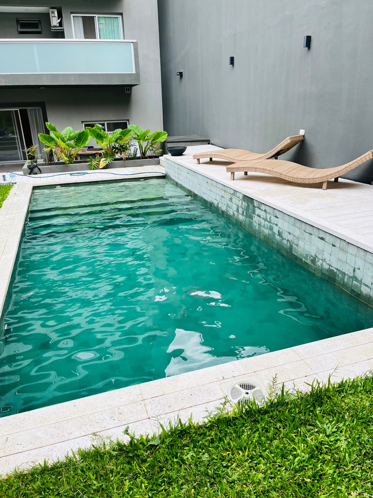 Piscina moderna limpia junto a un jardín